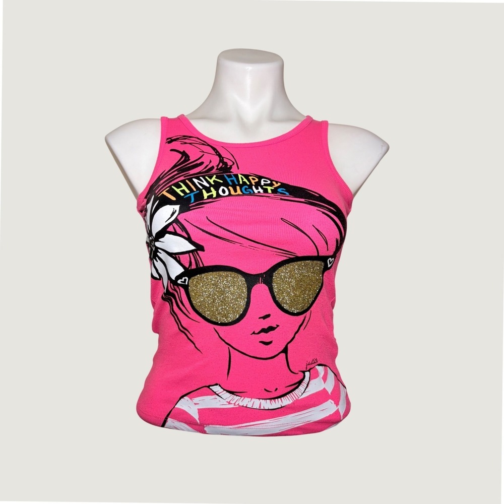 Y2K Justice Scene Neon Pink Baby Tee Tank Top Think Happy Thoughts Glitter #16